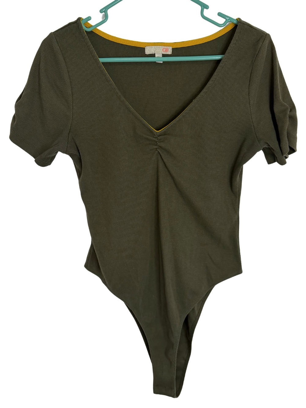 Gianni Bini Dark Green Ribbed V-Neck Short Sleeve Bodysuit Size XL